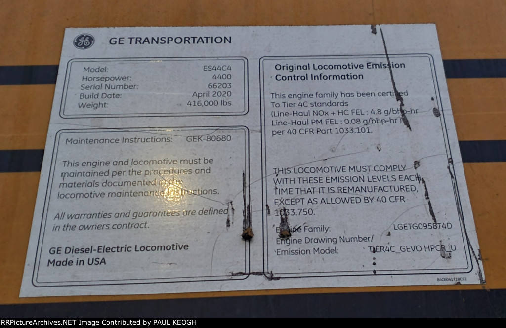 BNSF 3268's General Electric Locomotive Data Plate